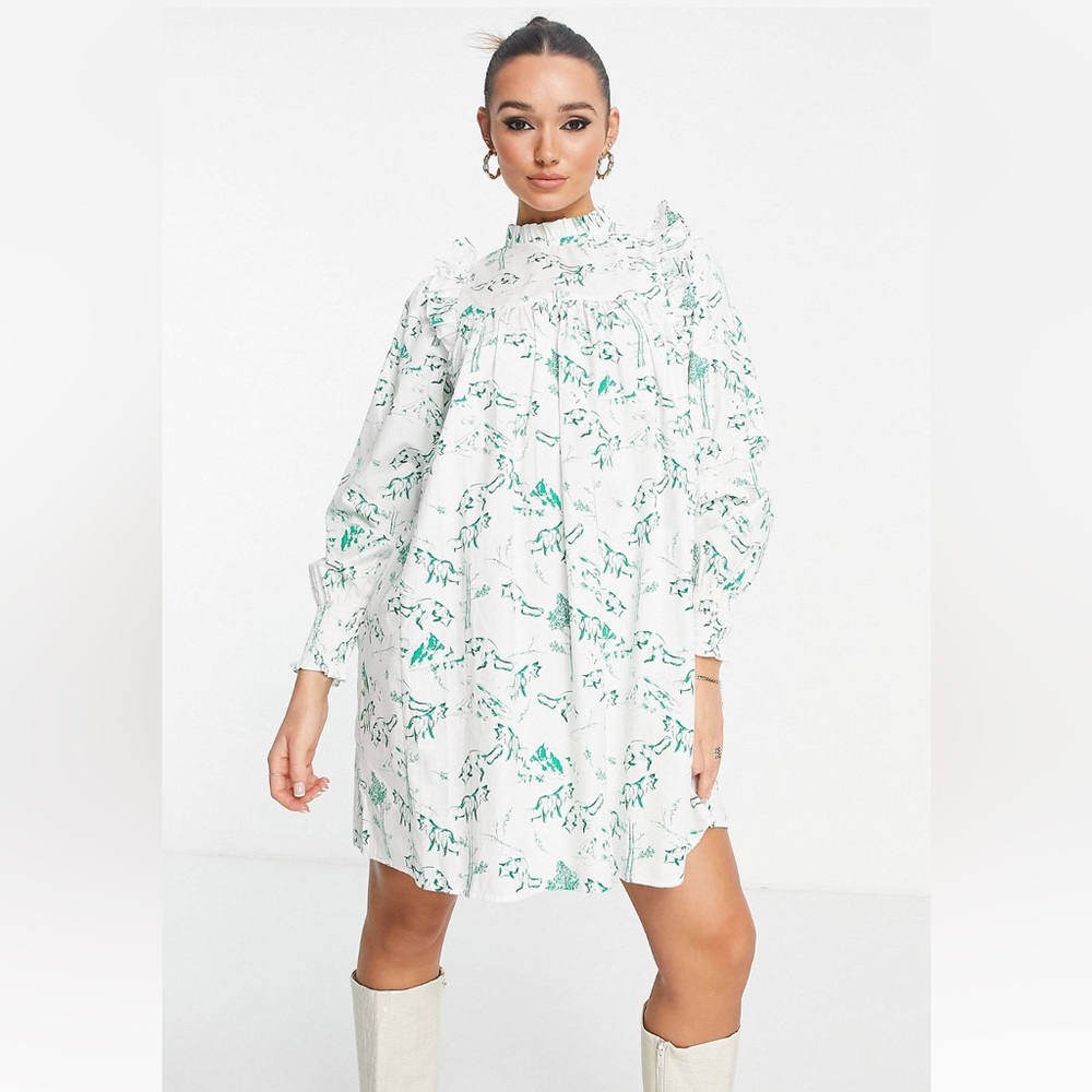 NEW Long sleeve mini cotton smock dress with fox print — GANNI style